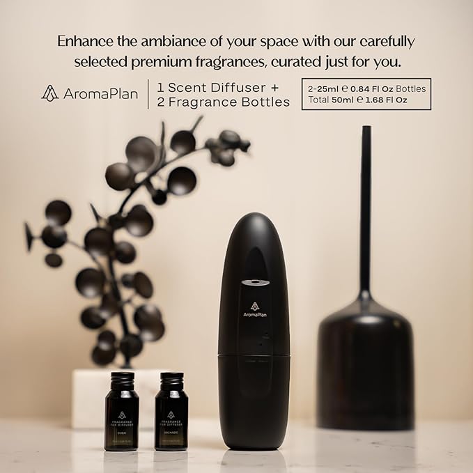 AromaPlan 5 Star Collection 2025 Plug in Diffuser (2 Fragrances Included)-Cold Air & Waterless Diffusers for Home & Office- Silent Wall Diffuser Plug in, Bluetooth App Control, 500 sq. ft (Black) - Bloomnest