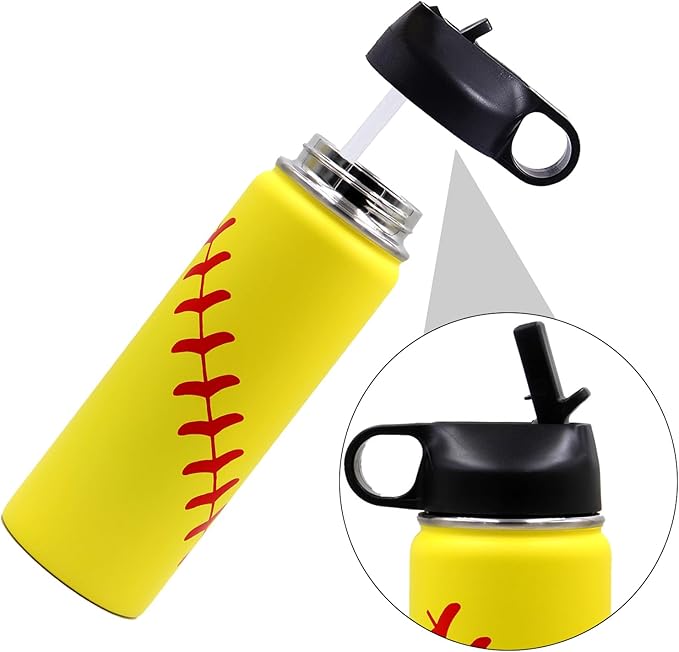 18 oz Softball Water Bottle, Wide Mouth Sports Flask Metal Travel Tumbler with 2 Lids, Stainless Steel Double Wall Vacuum Insulated Leak Proof Thermo Water Bottles, Softball Stuff Gifts for Mom Girls - Bloomnest