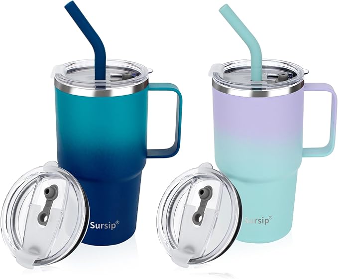 Sursip Kids 24 oz Insulated Cup with Handle, Double Wall Vacuum Stainless Steel Tumbler with Straw and 2 Lids, For Cold/Hot Drinks, Coffee Travel Mug for Car/Home/Office/Party/Camping (2 Pack) - Bloomnest