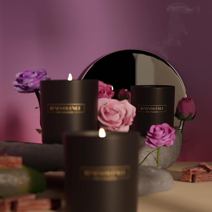 Benevolence LA Rose & Sandalwood Scented Candle | Soy Christmas Candles, Black Candle for Home | Holiday Candles Gifts for Women and Men | Home Fragrance | Aromatherapy | 8oz, 45 Hour Burn - Bloomnest
