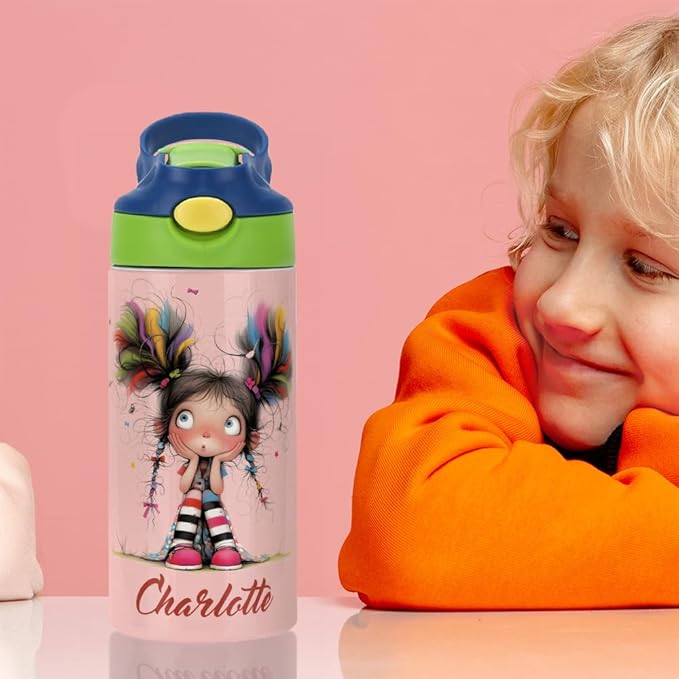 callie Personalized Quirky Water Bottle for Girls, Custom 12 oz Insulated Leak Proof Lid Stainless Steel Cups with Handle Straw, Gifts for Girls - Bloomnest
