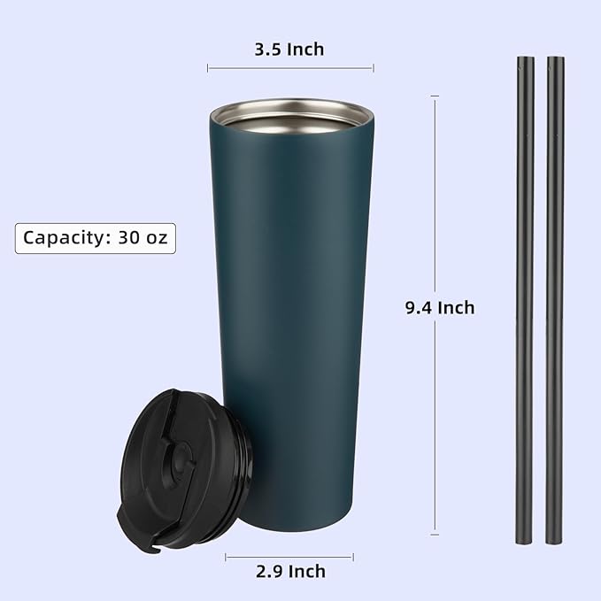 30 OZ Insulated Tumbler with Lid and 2 Straws Stainless Steel Water Bottle Vacuum Travel Mug Coffee Cup,Navy blue - Bloomnest