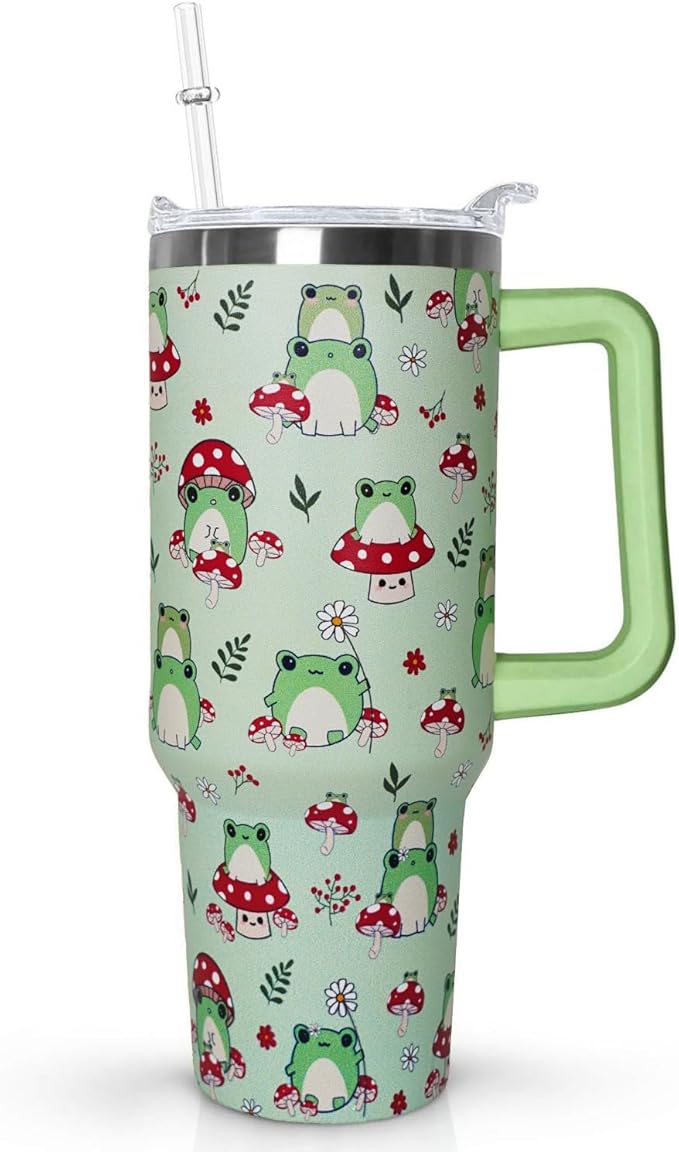 Ceovfoi 40 oz Frog Tumbler With Handle, Lid and Straw - Cute Green Kawaii Mushroom Gifts for Women, Decor, Accessories - Bloomnest