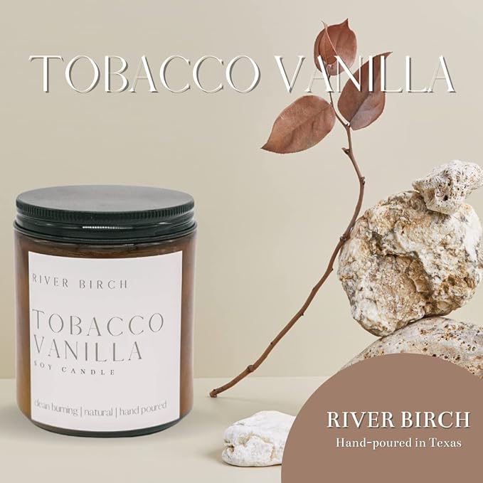 River Birch Candles Tobacco Vanilla Scented Candle | Premium, All-Natural, Non-Toxic, Soy Amber Jar Candles | 8.5oz 40 Hr Burn Time | Cozy Relaxing Gifts for Home - Bloomnest
