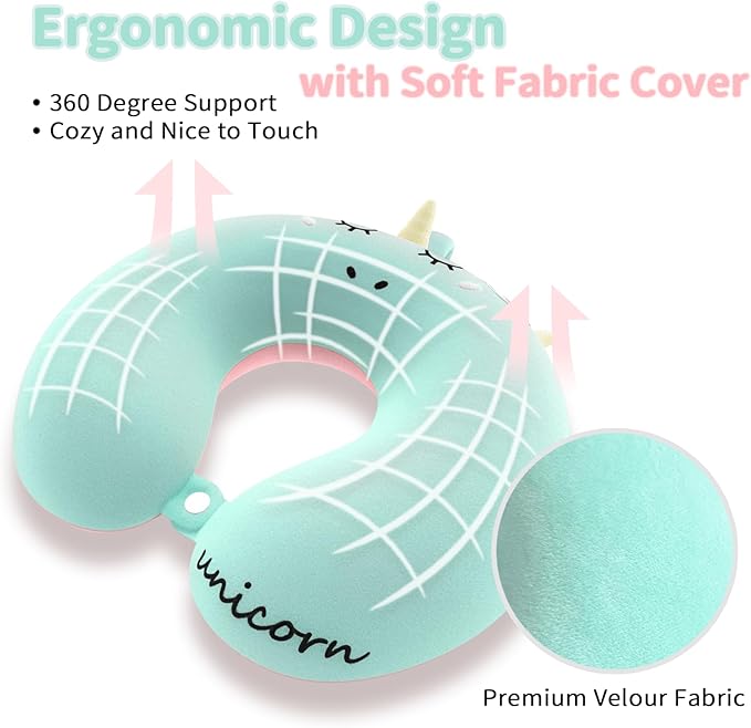 Neck Travel Pillow for Kids, Unicorn Airplane Memory Foam Pillow with Cute Sleep Mask & Earplugs, Lightweight Travelling Sleeping Pillow Set for Car, Train, Bus and Home Use (Blue) - Bloomnest