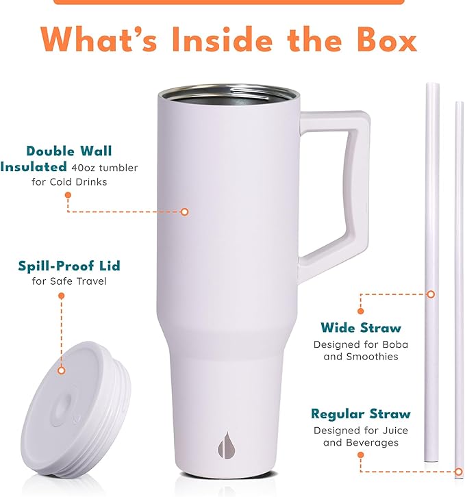 Elemental 40 oz Tumbler with Handle and Straw - Spill Proof Insulated Stainless Steel Commuter for Hot and Cold Beverages - Travel Coffee Mug with 2 Straws & Spill Proof Lid - 40oz - White - Bloomnest