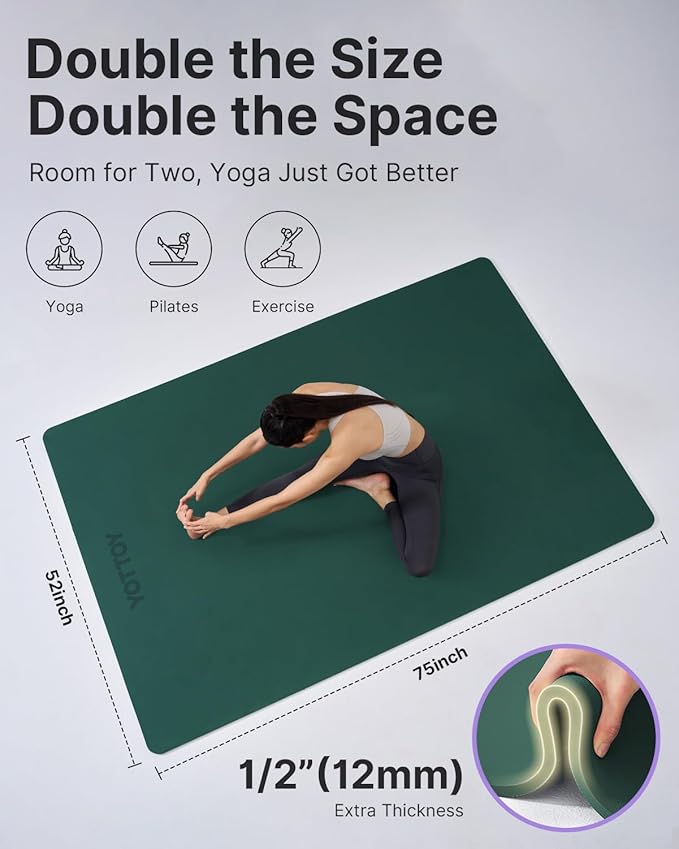 YOTTOY Large Yoga Mat (75 * 52 * 1/2inch),Extra Wide TPE Exercise Mat,Non-Slip Workout Mat for Pilates, Fitness, Barefoot, Home Gym Studio with Strap and Towel - Bloomnest