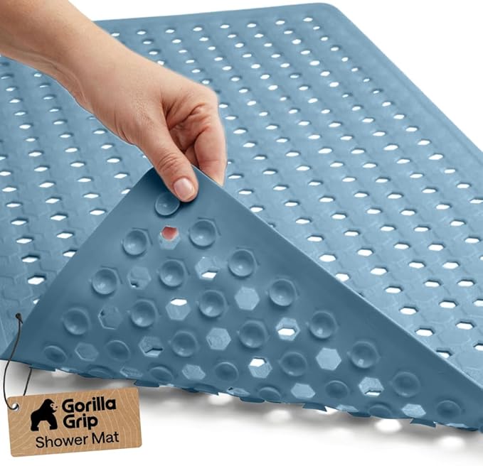 GORILLA GRIP Patented Bath Tub Shower Mat, Machine Washable Bathtub Floor Liner Mats, Suction Cups and Drain Holes to Keep Tubs Clean, Soft on Feet, Bathroom Essentials, 35x16 Inch, Sky Blue Opaque - Bloomnest
