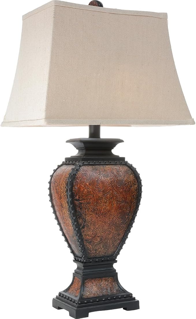 BLACK FOREST DECOR Western Tooled Leather Table Lamp - Rustic Faux Leather Shade for Cabin Decor - Bloomnest