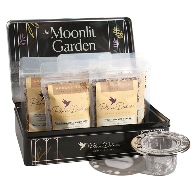 Moonlit Garden Collection Assorted Herbal Tea Gift Set - Hand-Crafted Loose Leaf Teas, Presentation Gift Box with Loose Leaf Steeper Included, Sleepytime Tea - 5 Unique and Flavorful Teas, 75+ Cups - Bloomnest