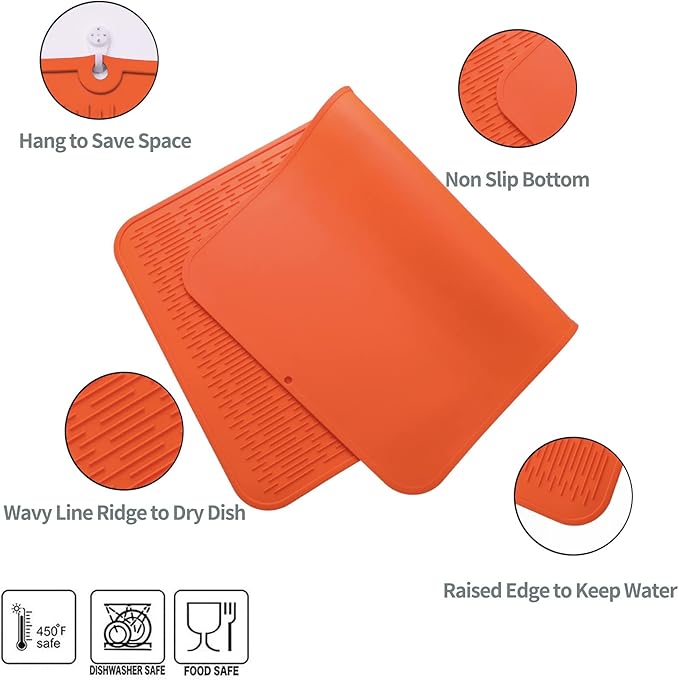 Silicone Dish Drying Mat for Multiple Usage,Easy clean,Eco-friendly,Heat-resistant Silicone Mat for Kitchen Counter or Sink,Refrigerator or Drawer Liner Orange 4XL 32 inches x 18 inches - Bloomnest