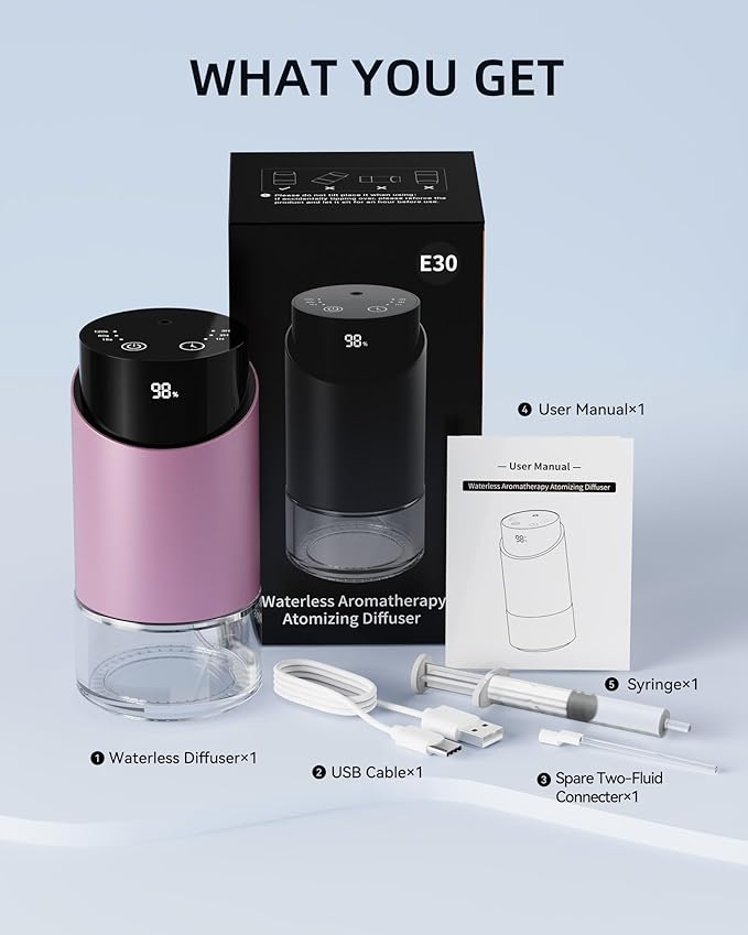 Waterless Essential Oil Diffuser Aromatherapy Scent Diffusers for Home Large Room, Car, Office, Desk, Mini Battery Operated Cordless Air Freshener, 4 Timers & 3 Mist Levels, 100ml Capacity (Pink) - Bloomnest