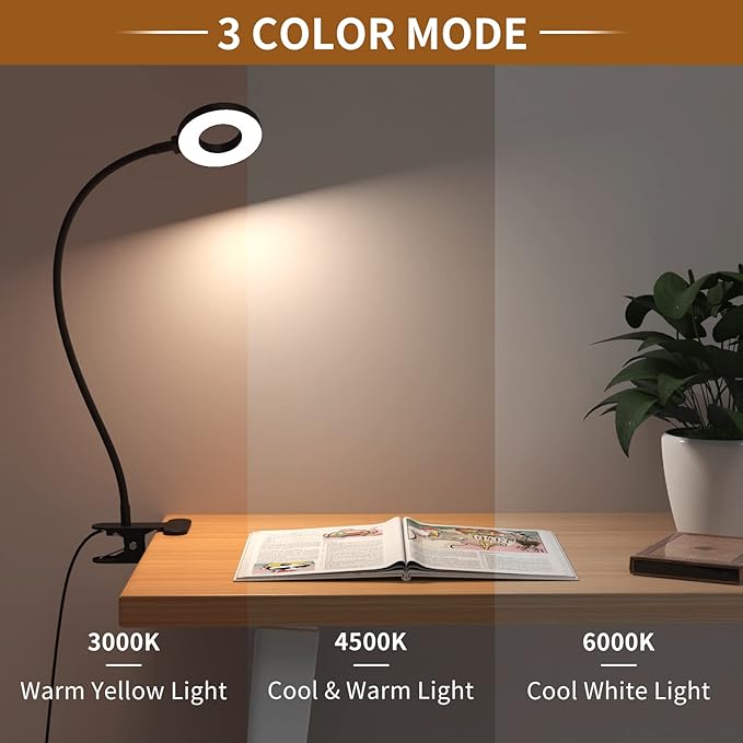 iZELL Desk Lamp, LED Reading Light with Clamp, 3 Color Modes & 10 Brightness Flexible Gooseneck Book Light for Kids Reading Book in Bed at Night Clip on Table, Computer, Zoom Meetings - 27.6‘’ Black - Bloomnest