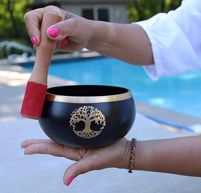 Tibetan Tree Of Life Singing Bowl Mallet Cushion Set ~ For Meditation, Yoga, Spiritual Healing and Mindfulness ~ Extra Large Black - Bloomnest