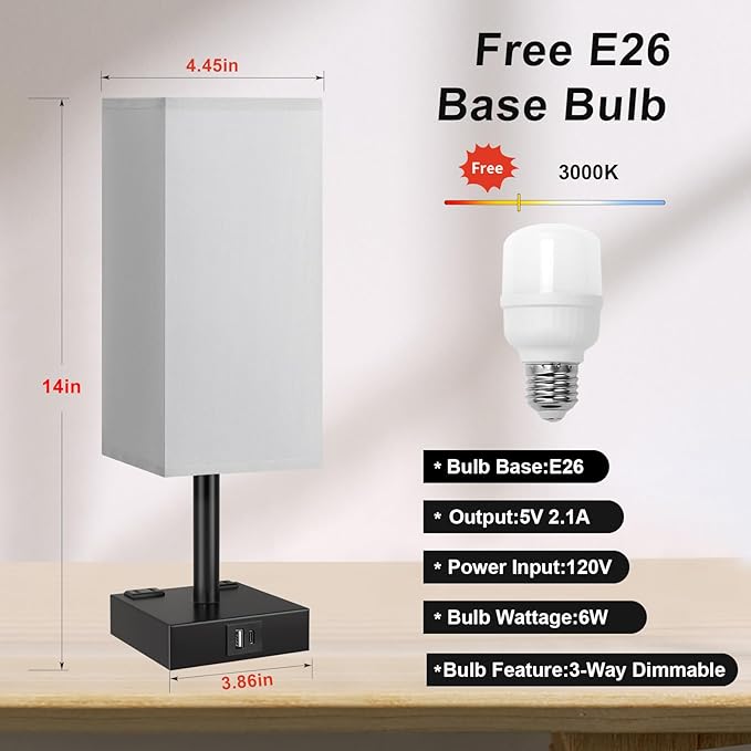 Touch Bedside Table Lamp For Nightstand - 3-Way Dimmable Night Lamp with USB A + Type C Charging Ports and two AC Outlets, Small Desk Light with E26 LED Bulb for Bedroom Living Room Office, Grey Black - Bloomnest
