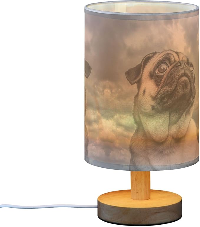 Table Lamp Pug Dog Grey Cloud Sky Nightstand Lamp with Wood Base Fabric Lamp Shade Bedside Desk Lamp for Living Room Bedroom Kids Room Office - Bloomnest