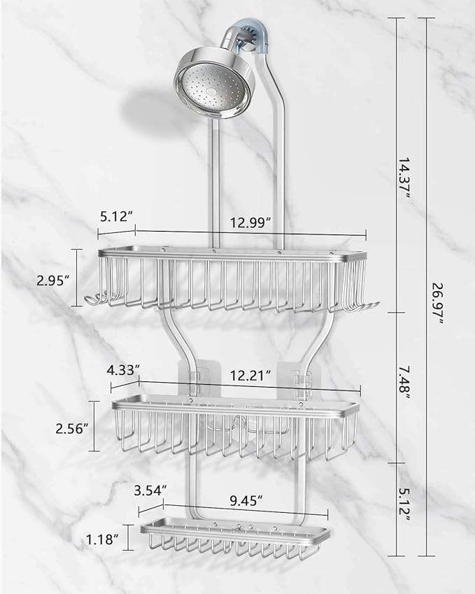 Shower Caddy Hanging - Never Rust Shower Hanging Organizer - Aluminum Over the ShowerHead Caddy with 6 Hooks for Razor/Sponge (Silver) - Bloomnest