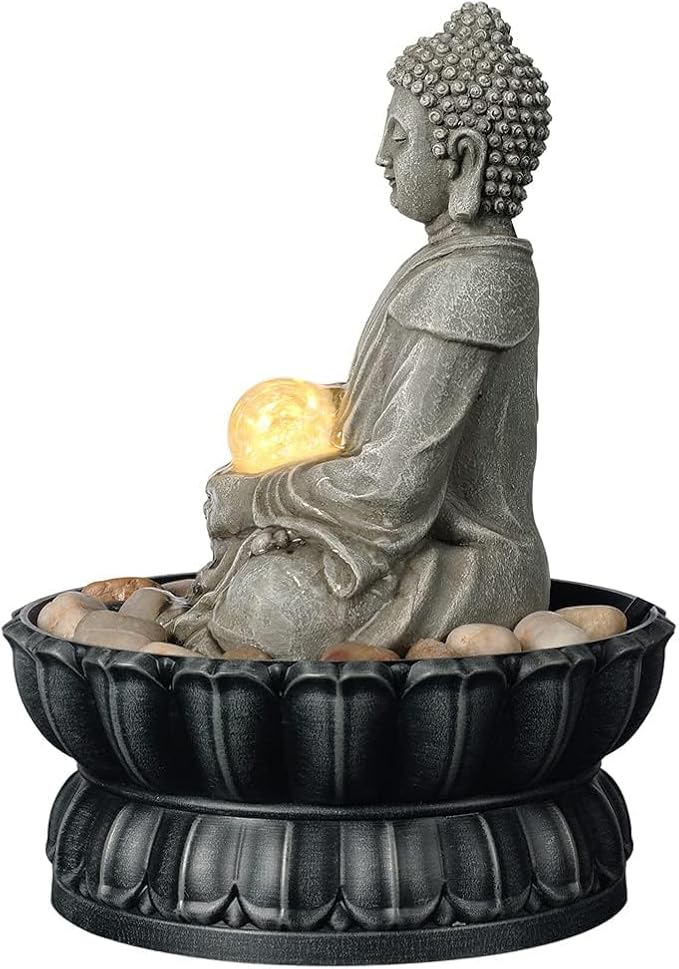 Kalona Tabletop Buddha Waterfall Fountain, Meditating Buddha Zen Fountain with LED Glass Orb, Relaxing Desk Water Feature for Home Office Decor(21127B) - Bloomnest