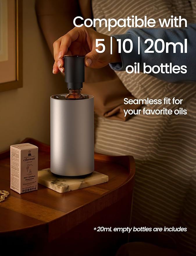 Waterless Essential Oil Diffuser, Rechargeable Scent Diffusers with 3 Mist Levels & Timers, Portable Aromatherapy Diffuser for Home Car Room Studio Office, Silver Metal - Bloomnest