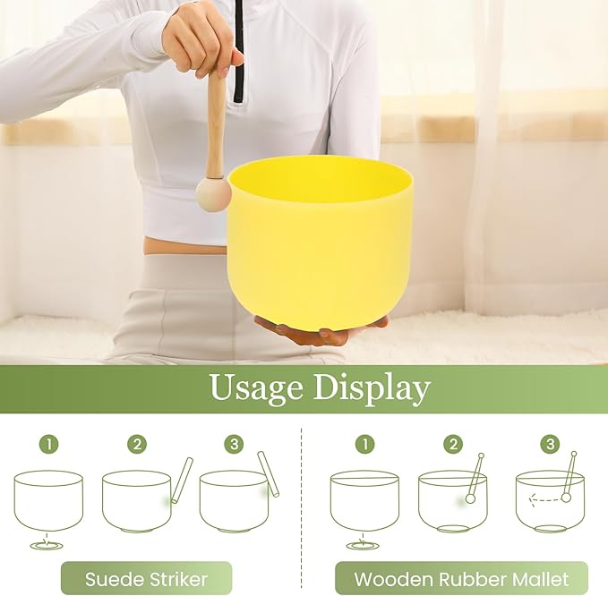 432HZ 8 Inchs E Note Yellow Frosted Crystal Singing Bowl for Meditation Healing Yoga Chakra Quartz Crystal Sound Bowls with Heavy Duty Carry Case and Rubber Mallet,Suede Striker,O-rings - Bloomnest