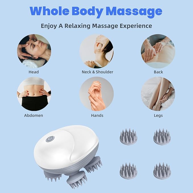 Upgraded Electric Scalp Massager for Men Women, Handheld Cat Dog Pet Head Massager with 4 Massage Heads, 3 Speeds, Waterproof Massager for Soothing Muscles Joints, Hair Growth, Stress Relax Bloomnest