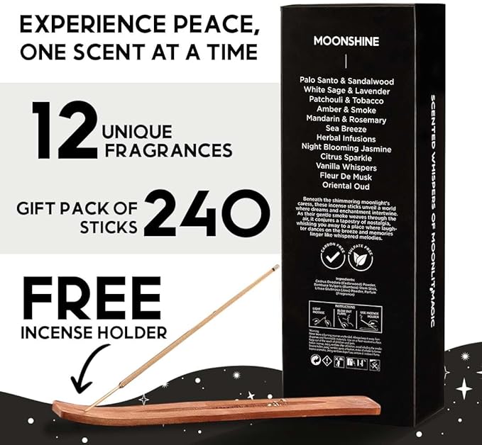 Folkulture Incense Sticks Gift Set | Pack of 12 Insense Sticks (240) with Incense Holder | Non Toxic Palo Santo Incense Sticks, Sandalwood Incense | Organic Inscents-Sticks for Meditation