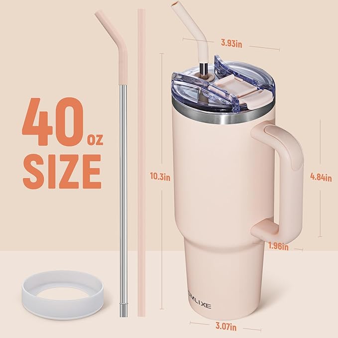 40 oz Tumbler with Handle and Straw Lid,Insulated Reusable Stainless Steel Water Bottle Travel Mug，Cupholder Friendly Double Wall Vacuum Sealed Cup (Rose Quartz) - Bloomnest
