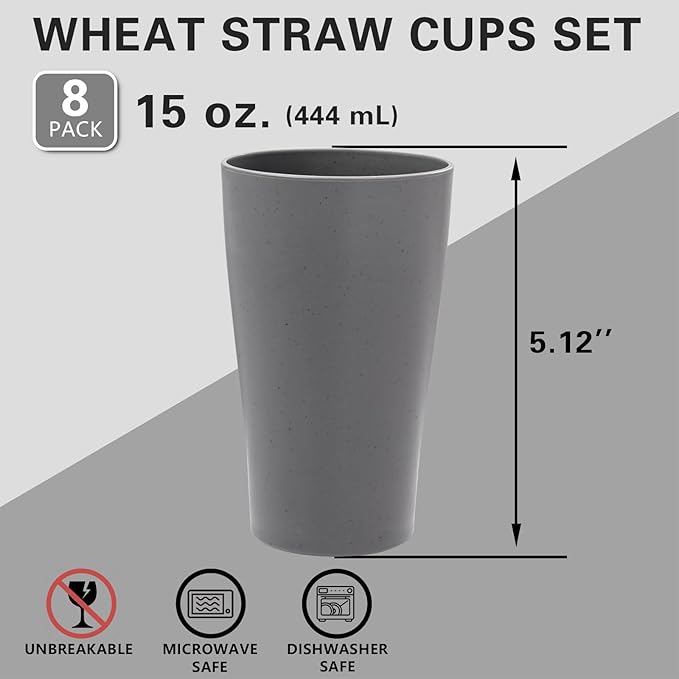 EI 8pcs Dark Grey Wheat Straw Cups,Unbreakable Plastic Reusable Cups,Plastic Tumbler Cups for Kitchen,Dishwasher Safe Water Glasses for Water, Coffee, Juice, Tea - Bloomnest