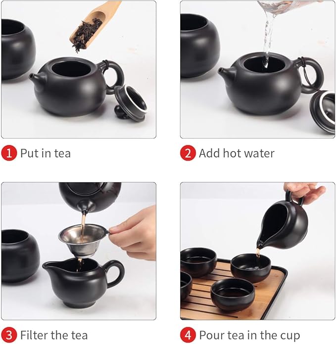 Chinese Tea Pot Cup Set with Tray Infuser - Travel Ceramic Tea set Porcelain Teapot, Portable All in One Bag for Outdoor Picnic Business Hotel (Black)