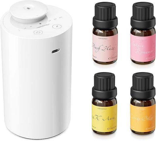 Airversa Waterless Essential Oil Diffuser Starter Kit with 4 x 10mL Fragrance Scent Oil, Battery Operated Mini Scent Air Machine Portable Diffuser for Home Car Office, AN6 White Kit01 - Bloomnest