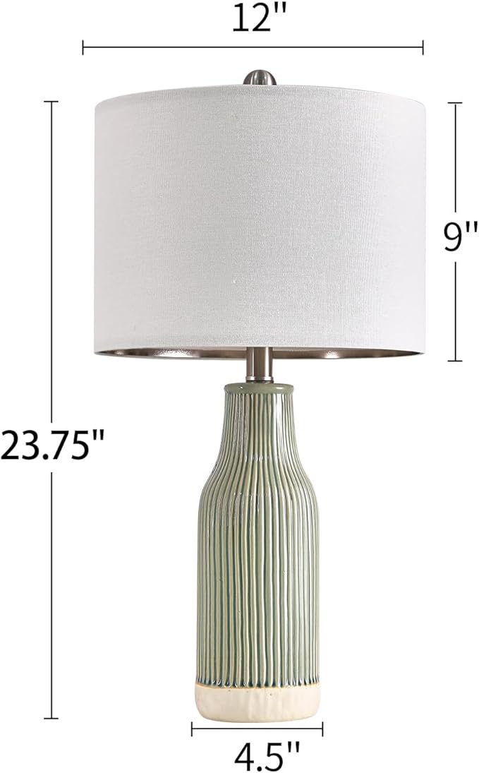 23.75" Modern Green Ceramic Table Lamp Set of 2 for Living Room, Farmhouse Bedside Nightstand Lamp for Bedroom Home Office Dorm - Bloomnest