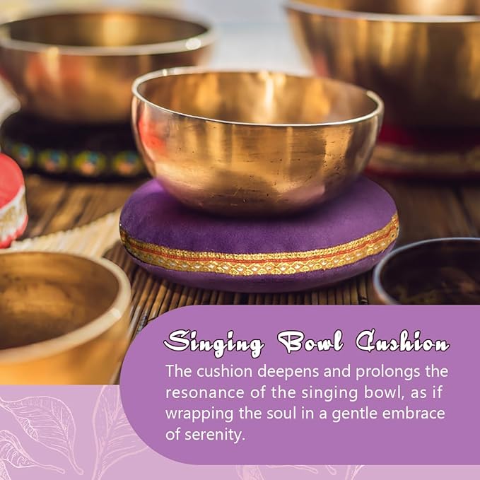 Singing Bowl Cushion for Tibetan Singing Bowls, Handmade Silk Brocade Round Cushion Pillow for Sound Healing and Crystal Sound Bowls Accessories(Purple,7.5 Inch) - Bloomnest