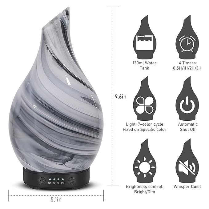 Essential Oil Diffuser 120ml Ultrasonic Aromatherapy Diffuser with Handmade Glass with Auto Shut-Off Protection 4 Timer Setting 7 Colors Changed LED Diffuser for Home Yoga Office Gifts for Women - Bloomnest