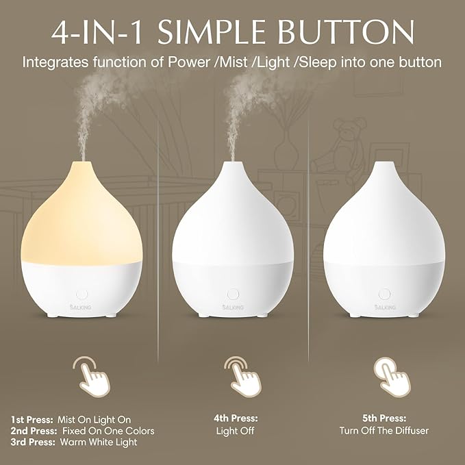 SALKING Essential Oil Diffuser, 100ml Small Aromatherapy Diffuser for Essential Oils, Auto Shut-Off Ultrasonic Diffusers, Cool Mist Humidifier with Warm White Lights, for Office Home (White) - Bloomnest
