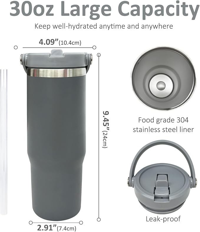 30 oz Tumbler with Top Handle, Double Wall Vacuum Insulated Tumbler with Flip Straw, Travel Coffee Mug 30oz Powder Coated Cup for Laser Engraving (Gray,1 pack)