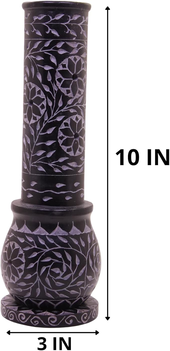 Marble Soapstone Black Incense Stick Holder | Candle Burner | Tea Light Holder - Round Incense Holder Decorative Home and Office Decor - (3 x 3 x 10 Inches)