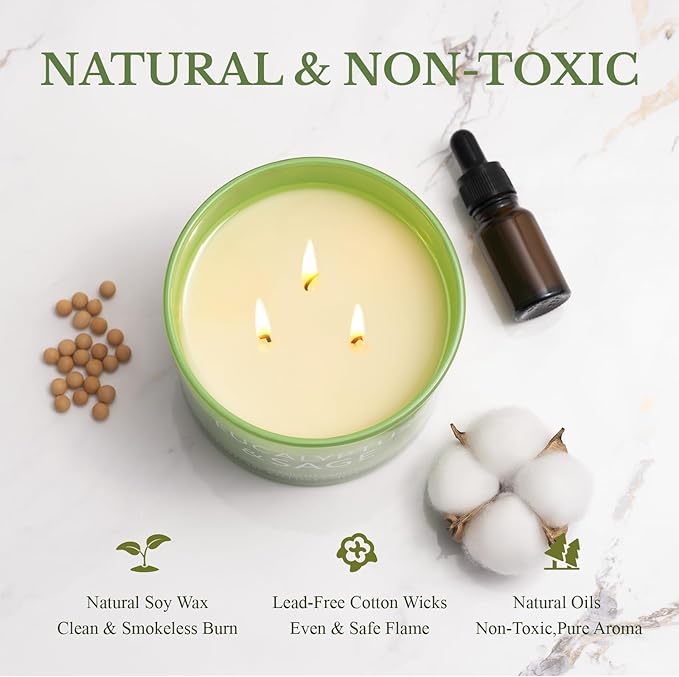 Sage & Eucalyptus Candle, Large 3 Wick 12oz Soy Candle for Home Scented, Luxury Elegant Jar Candle Gift for Women & Men, Long-Lasting Non-Toxic Burn 60+ Hours, Home Decor - Bloomnest
