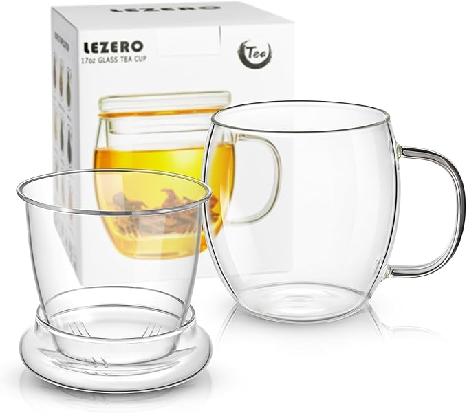 Lezero Glass Tea Cups with Infuser and Lid Kit, Heat Resistance Teacup with Filter for Brewing Blooming & Loose Leaf-Tea, Lead-free, Microwave & Dishwasher Safe, 17oz - Bloomnest