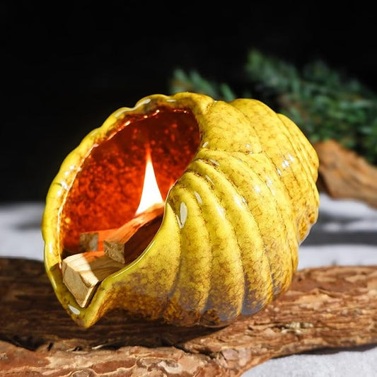 Yellow Ceramic Conch Palo Santo Holder - Mini Chimney Incense Burner, Tabletop Smudge Bowl Compatible with Sage/Sticks/Cones/Copal,for Yoga、Zen Meditation、Witchcraft, Ideal Altar Decor Gift - Bloomnest