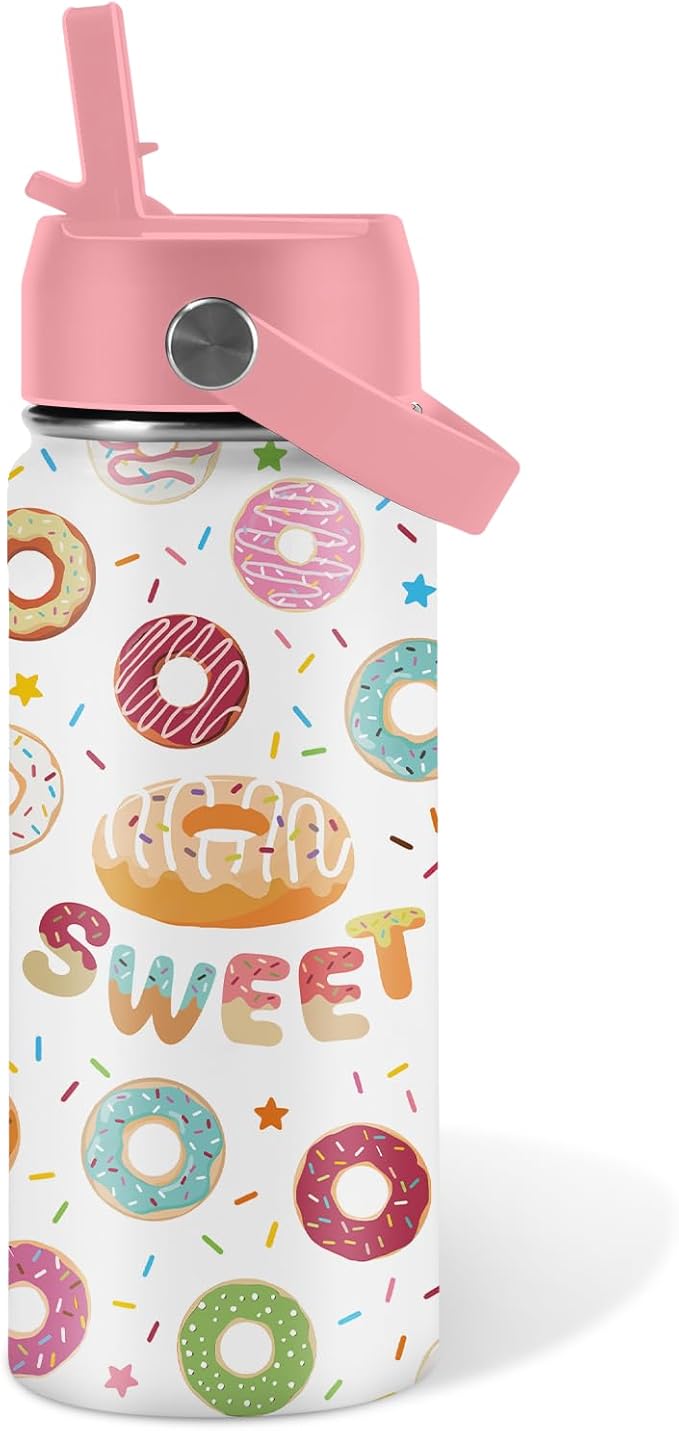 Donut Lover Gifts for Kids - 16oz Insulated Stainless Steel Water Bottle with Straw Lid, Leakproof BPA-Free Tumbler for School, Travel - Cute Donut Design Kids Cup for Boys & Girls (1pc) - Bloomnest