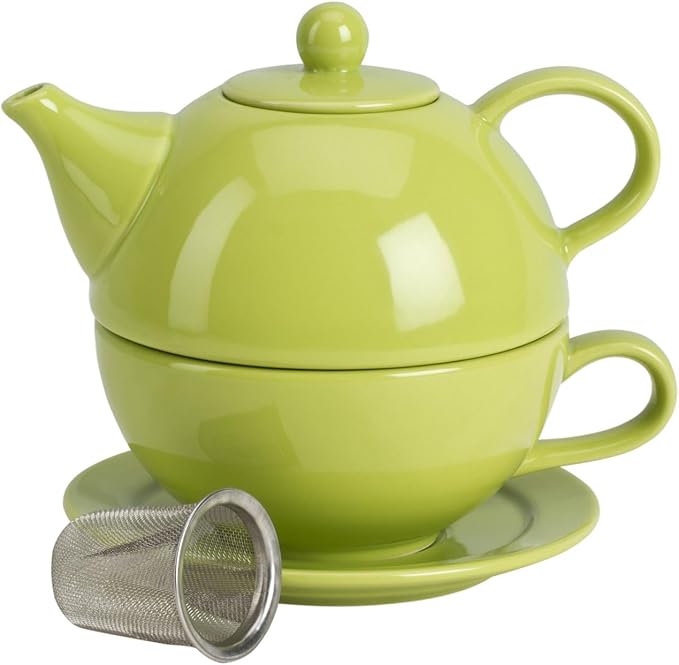 Omniware Teaz Tea for One Set - Stackable Stoneware Teapot with Teacup, Stainless Steel Infuser for Blooming Tea & Loose Lead Tea - Lead-Free Glaze, Drip-Free Spout, Dishwasher Safe (Citron) - Bloomnest
