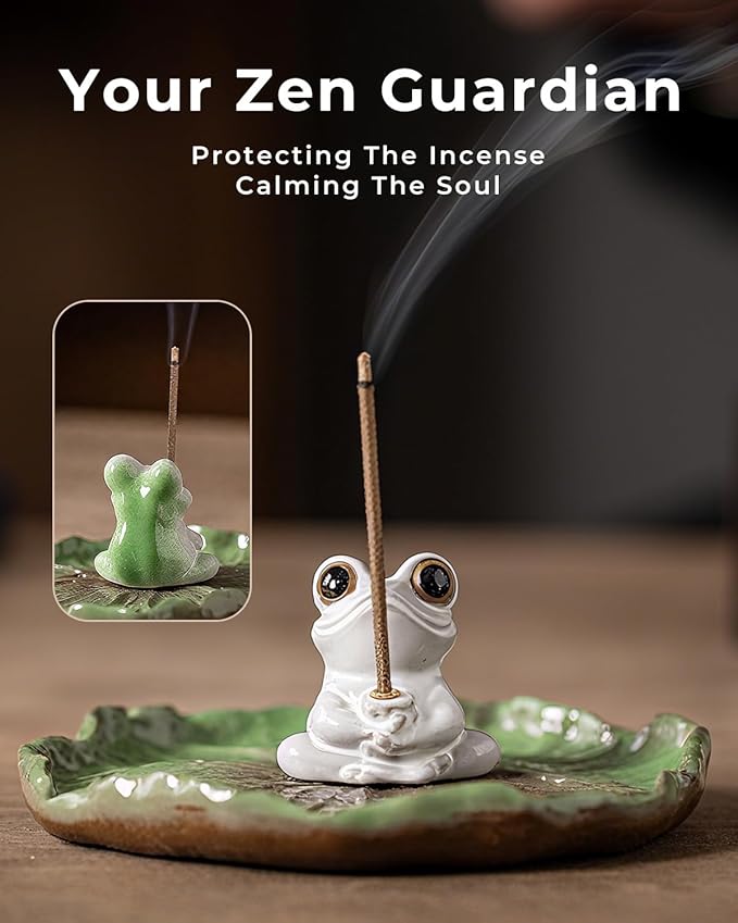 Ceramic Incense Stick Holder - Cute Frog Incense Burner with Lotus Leaf Tray Ash Catcher, Handcrafted Zen Decor for Home, Meditation, Yoga, Gift - Bloomnest