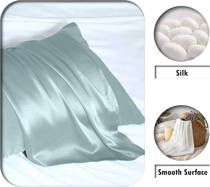 Silk Pillow Cases 2 Pack,Soft Breathable and Sliky Queen Size Pillow Cases Set of 2,Natural Mulberry Silk Pillowcase Set of 2 for Hair and Skin with Hidden Zipper (Blue Haze,20"X 30",2pcs) - Bloomnest