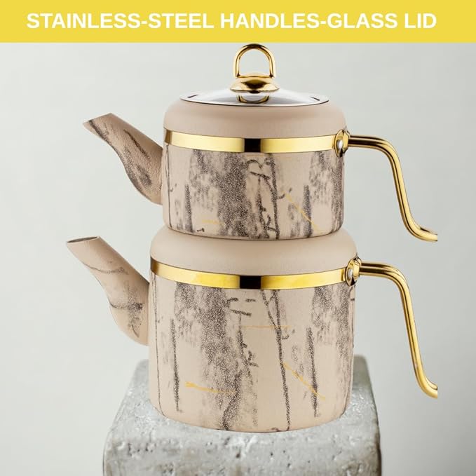 Hakan Melody Turkish Tea Pot Set | 3.5 L Tea Kettles for Stovetop with Stainless Steel Handless and Glass Lid | Aluminum Body Tea Maker | Double Stovetop Kettles with Granite Cover (cream) - Bloomnest