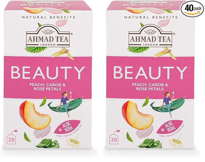Ahmad Tea Herbal Tea, Peach, Carob, and Rose Petals 'Beauty' Natural Benefits Teabags, 20 ct (Pack of 2) - Decaffeinated & Sugar-Free - Bloomnest