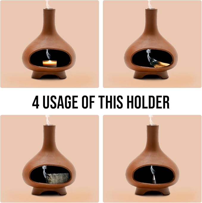 Palo Santo Holder Handmade Ceramics Incense Burner Chimney Dish Smudge Bowl for Palo Santo Sticks Sage Bundles with Brush(Brown) (Combustion Furnace) XINXINGDINGSHENG
