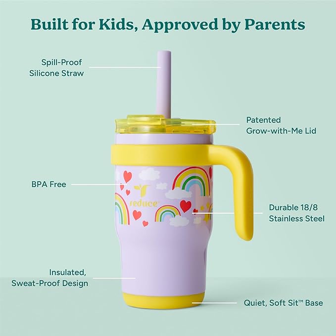 REDUCE 14 Oz Coldee Kids Tumbler with Lid and Straw - Coldee Insulated Travel Mug - Spill-Proof, Sweatproof Stainless Steel, BPA-Free - Includes Handle, Reusable Silicone Straw - Rainbow Sky - Bloomnest