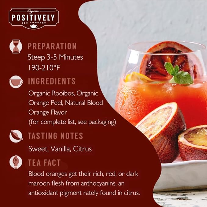 Organic Positively Tea Company, Blood Orange Vanilla Rooibos Tea Bags, 100 Count, Eco-Friendly Tea Bags, Non-GMO - Bloomnest