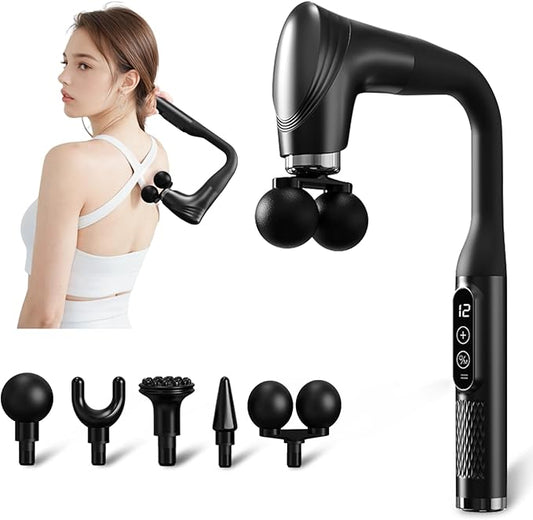 Double-Headed Elbow Massage Gun, Percussion Muscle Massager, Suitable For Sore Muscles In The Back, Shoulders, Waist And Legs, Detachable Extended Handle, 12-Speed Adjustable, 5 Heads Are Replaceable - Bloomnest