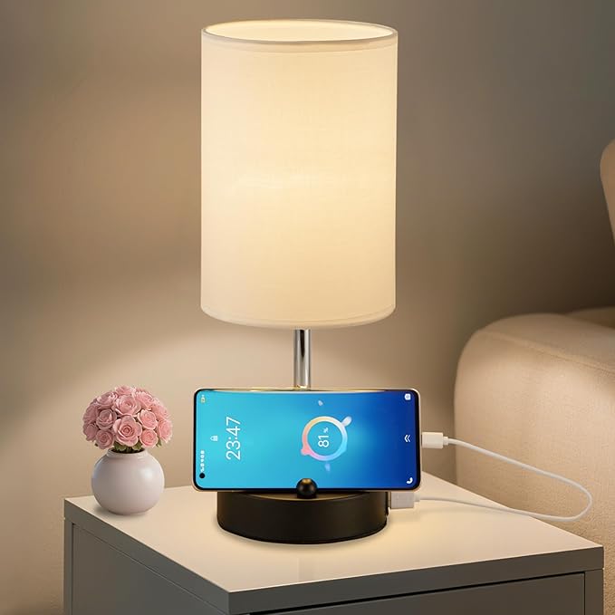 Briever Touch Control Table Lamp for Bedroom, 3-Way Dimmable Nightstand Lamp with USB USB A+C Charging Ports, Bedside Desk Lamp with Phone Stand & Linen Fabric Shade for Livingroom, Bulb Included - Bloomnest